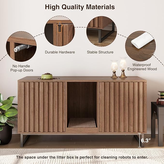 Cat Litter Box Enclosure for 2 Cats, 47.6’’ Litter Box Furniture Hidden with Scratch Pad, Double Room Large Cat Cabinet, Indoor Pet House TV Stand Side Table,Cats Washroom, Brown