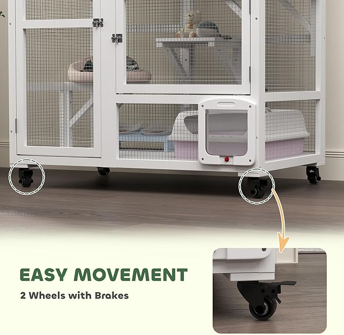 PawHut Indoor Wooden Catio, Cat House Cat Enclosure on Wheels with 3 Platforms, Hammock, Cat Flap Door & Openable Top, Luxury Kitty House for 2 Cats, 39", White