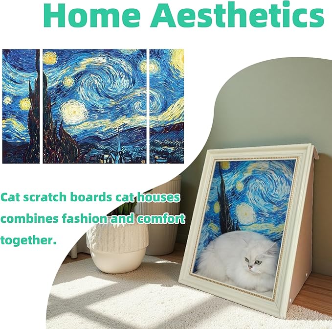 Oil Painting Cat House with Scratcher,Cat Bed Art Picture Frame Scratching Board Playing Tent Box, Assemble Kitty Couch Cave Condo Creative Pets Furniture - Kitty Living in Famous Painting