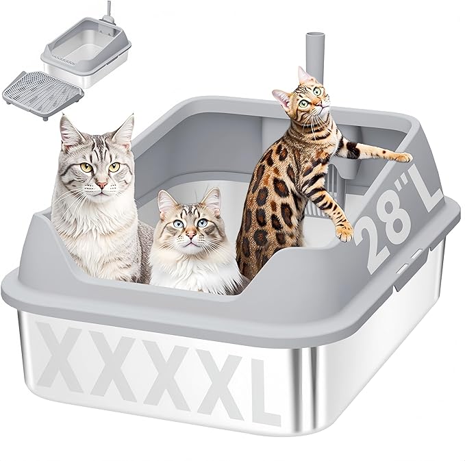 XXXL Stainless Steel Cat Litter Box with Extra Large Litter Box Step,28"X20"X13" Metal Litter Boxs High Sides for Big Cats and Multiple Cats,Includes Litter Scoop & Non-Stick Bottom