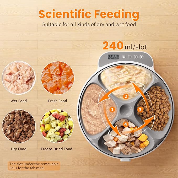 Automatic Cat Feeder Wet&Dry Food-Cordless Pet Food Dispenser-Pet Fresh Food Refrigerated Container with 2 Ice Packs,Programmable Timer Battery Powered Feeder for Cat Samll Dog-4 Meals Per Day-White