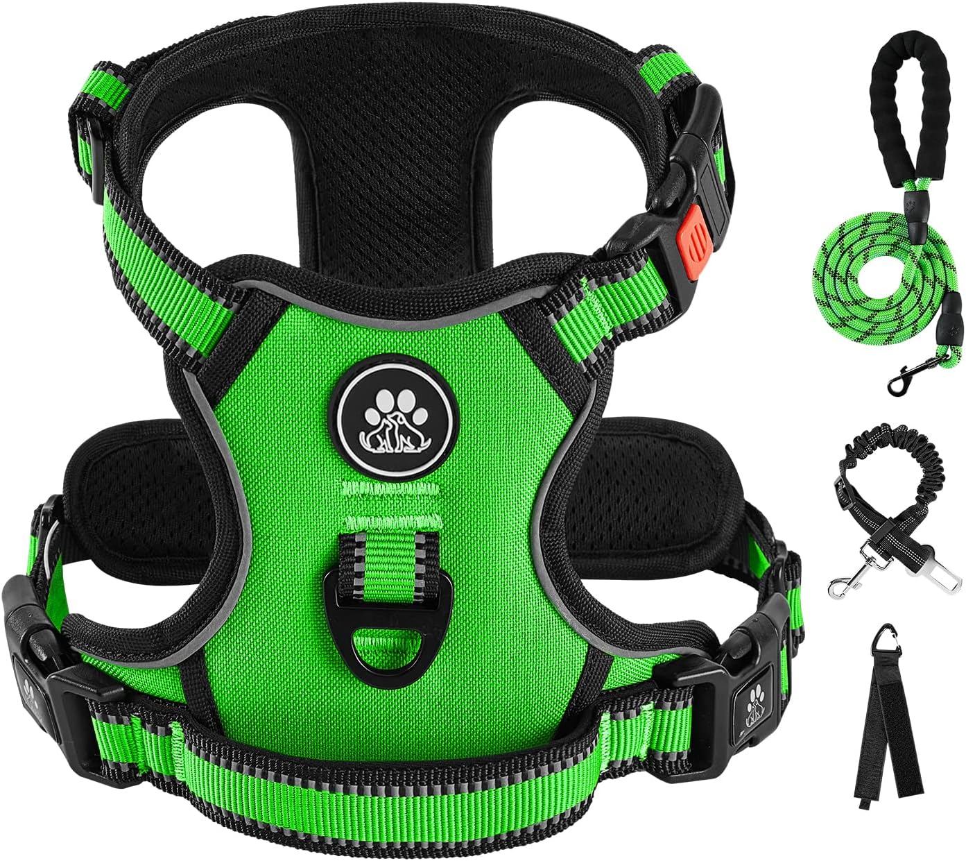 IVY&LANE No Pull Dog Harness for Small Dogs, Dog Vest Harness with Leash, Safety Belt and Storage Strap, Fully Adjustable Harness, 360° Reflective Strip, Soft Handle (Green,S)