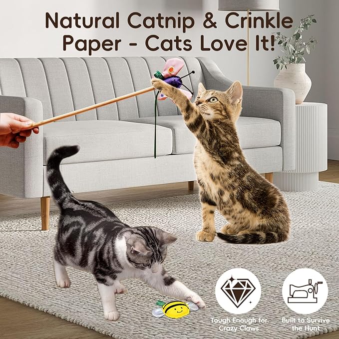 Pet Butterfly & Honey Bee Cat Toy Set – 2-Pack Interactive Plush Toys for Cats | Eco-Friendly REPT Material | Catnip-Infused, Durable, Safe, and Fun