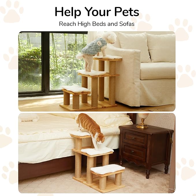 FUKUMARU Dog Stairs, Solid Wood Pet Stairs with Cat Scratching Post, Transformable Cat Ramp Can Hold Up to 200 lbs, 20 Inch Pet Steps for Dogs and Cats to Climb High Bed and Couch, Over 6 Combinations