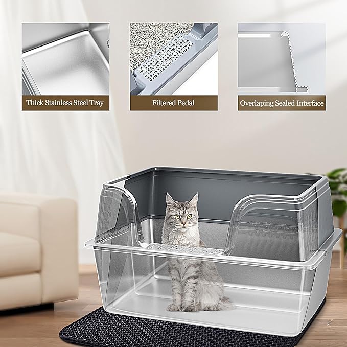 Vealind XL Stainless Steel Cat Litter Box High Sided with Lid 23.7" L x 16" W x 12" H Anti Leakage Extra Large Metal Cat Litter Tray with Scoop and Mat for Big Cats (Grey)