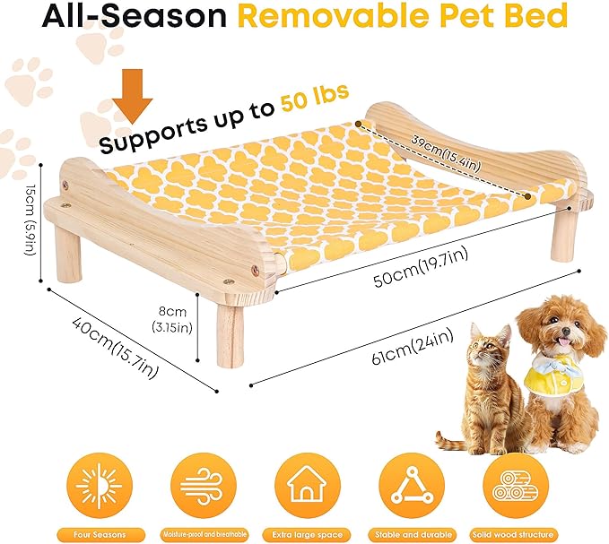 Elevated Wooden Cat Bed – 24"x15.7"x5.9" Breathable Hammock Pet Bed for Indoor/Outdoor Use, Raised Dog Lounger for Small Pets Like Kittens, Puppies, Rabbits, and Bunnies(Orange-1)