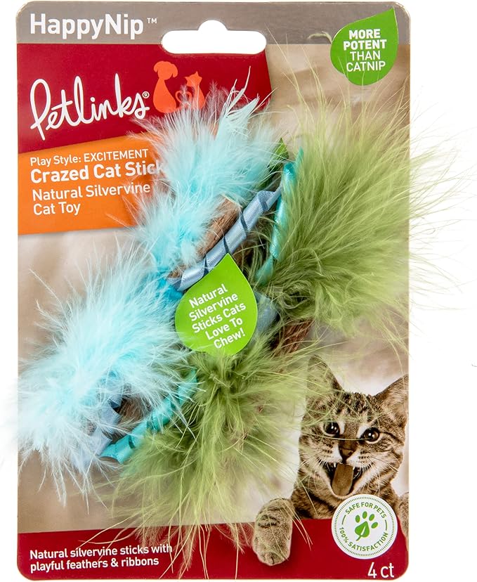 Petlinks (4 Count HappyNip Crazed Cat Sticks Natural Silvervine Cat Toys - Blue/Green, 4 Count