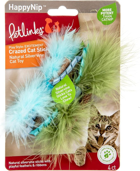 Petlinks (4 Count HappyNip Crazed Cat Sticks Natural Silvervine Cat Toys - Blue/Green, 4 Count