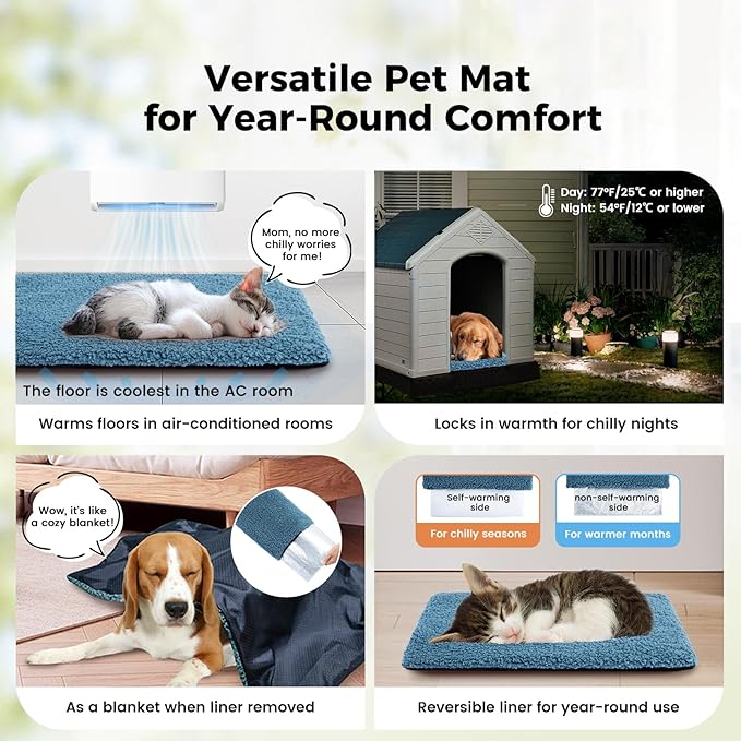 Dog Bed Mat Self Heating Pad for Medium Large Dogs, Dog House Bed Crate Pad for Sleeping Self Warming Pet Bed Puppy Blanket with Removable Washable Cover, Blue 42 Inches