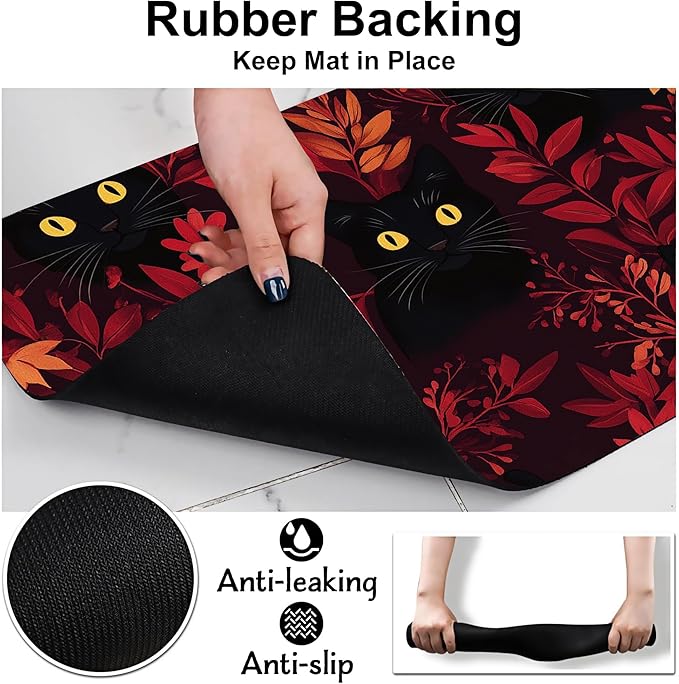 Black Cat Forest Pet Feeding Mat-Quick Dry Absorbent Dog Cat Food Mat, Anti-Slip Water Bowl Mats for Messy Eaters-No Stains Indoor Pet Accessories 12"x20"