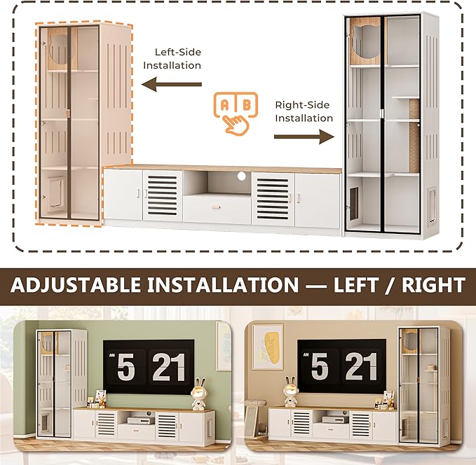 2-in-1 Cat Cabinet with Scratching Posts Litter Box Enclosure with 78.7" TV Stand Modern Cat House Scratch-Resistant for Living Room Home Office