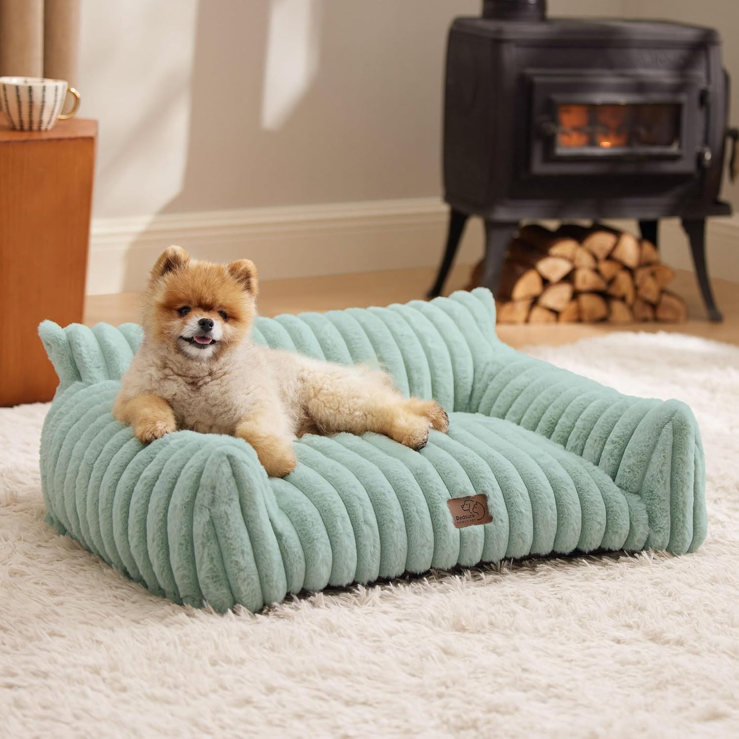 Bedsure Cute Cat Couch for Pets - Fluffy Small Dog Sofa with Premium Soft Corduroy Fleece, Pet Sofa with Removable Washable Cover, Supportive Dog Couch Bed for Small Medium Dogs, 30inch, Garden Green