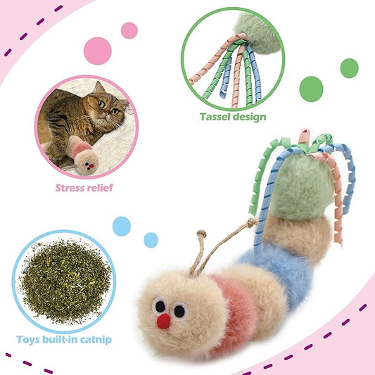 Interactive Natural Catnip Kicker, with Rattle and Ribbon, Bite Resistant, for All Ages Indoor Cat, Soft Caterpillar Kicker, Fluffy Kitten Toy