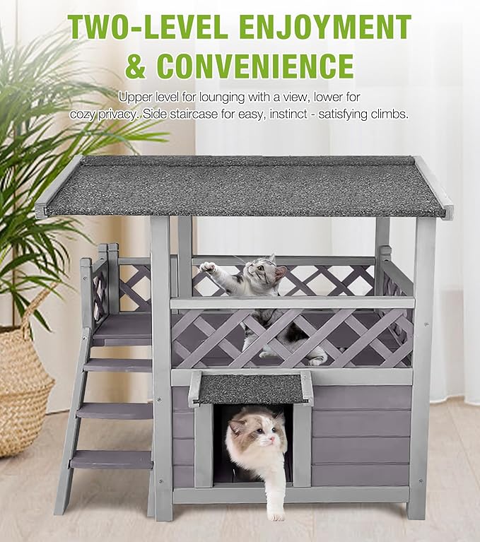 Cat House Outdoor Weatherproof – 100% Solid Fir with Waterproof Paint, Two-Level Design, All-Weather Protection & Elevated Base – Kitty Shelter for Feral Cats, Indoor/Outdoor Use
