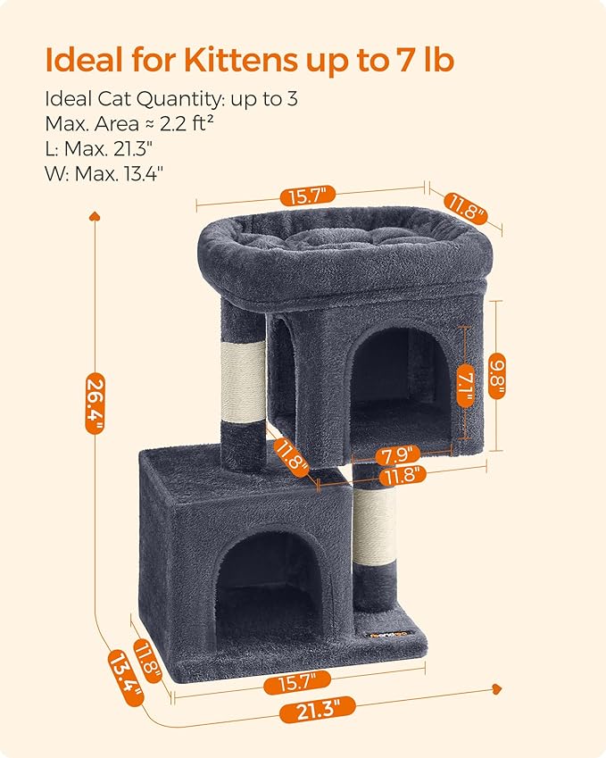 Feandrea Cat Tree, 26.4-Inch Cat Tower, S, Cat Condo for Kittens up to 7 lb, Large Cat Perch, 2 Cat Caves, Scratching Post, Smoky Gray UPCT611G01