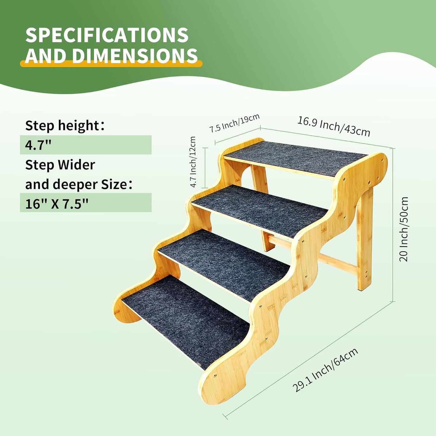 Dog Stairs for Large/Oldder Dogs,4 Steps Bamboo Wooden Pet Ramp for High Beds, Cars & Couch Sofa - Supports Dog Up to 160 LB,20-inches High