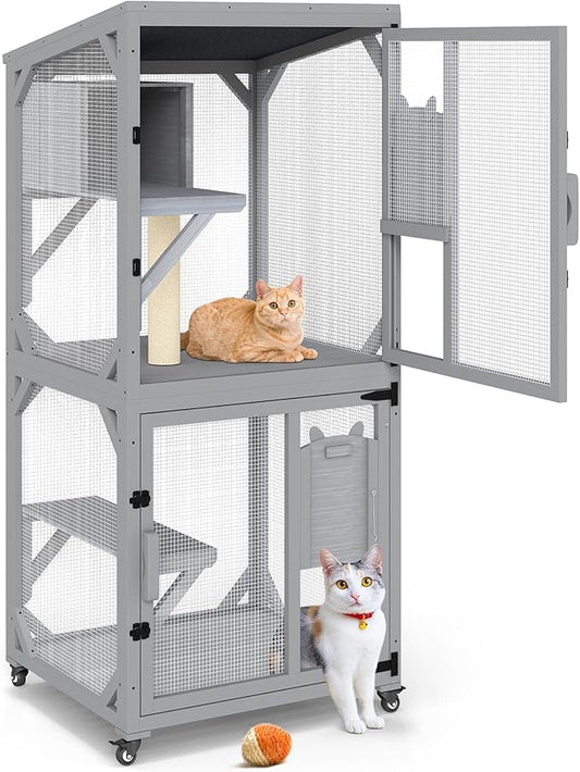 Catio Outdoor Cat Enclosure, Cat Patio Enclosure with 3 Platforms, Cat Condo Outdoor, Wooden Movable Cats Cage with 4 Wheels, Large Outdoor Cats House