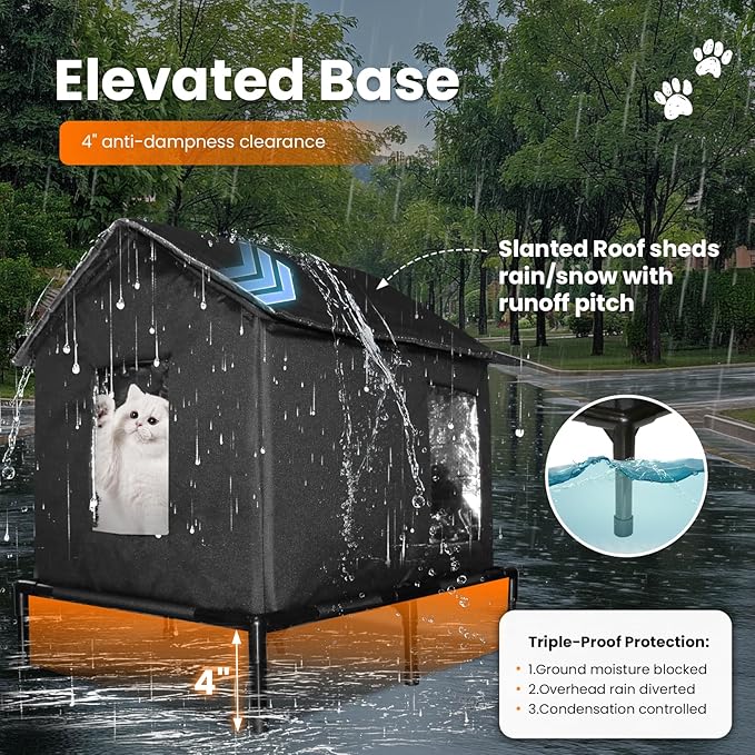 Outdoor Cat House Weatherproof, Extra Large Elevated Feral Cat House for Outside/Indoor, Insulated Stray Cat Shelter with Zipper, Waterproof Cat Tent
