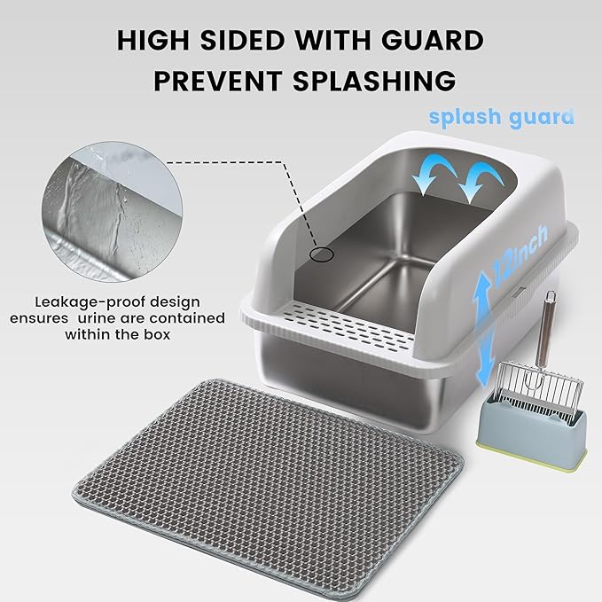 Stainless Steel XL Cat Litter Box for Big Cats- Metal Extra Large Litter Box with Lid, Include Metal Litter Scoop,Mat. High Sided with Guard Prevent Splashing. No Smell, Always New After Clean.