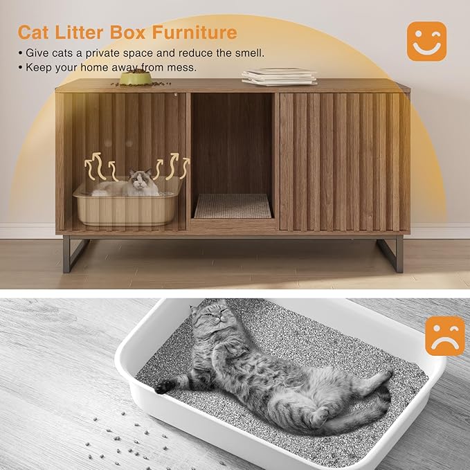 Cat Litter Box Enclosure for 2 Cats, 47.6’’ Litter Box Furniture Hidden with Scratch Pad, Double Room Large Cat Cabinet, Indoor Pet House TV Stand Side Table,Cats Washroom, Brown
