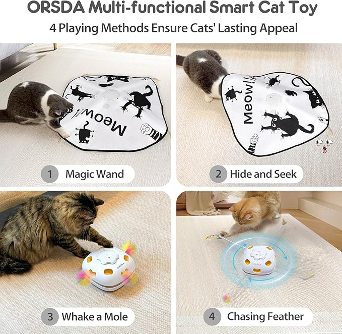 ORSDA Cat Toys, 4 in 1 Interactive Automatic Kitten Toy for Indoor Cats, Rechargeable Electric Moving Ambush Feather Mice Whack-A-Mole, Hide and Seek, Chase Feather for Kitty for Kicker Adult Cat
