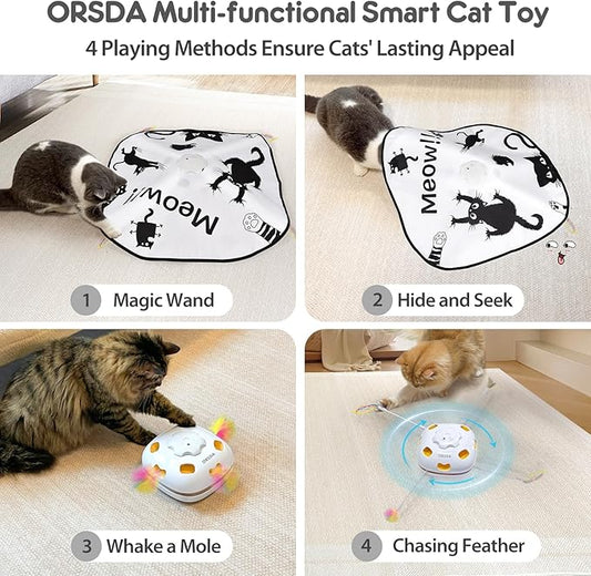ORSDA Cat Toys, 4 in 1 Interactive Automatic Kitten Toy for Indoor Cats, Rechargeable Electric Moving Ambush Feather Mice Whack-A-Mole, Hide and Seek, Chase Feather for Kitty for Kicker Adult Cat