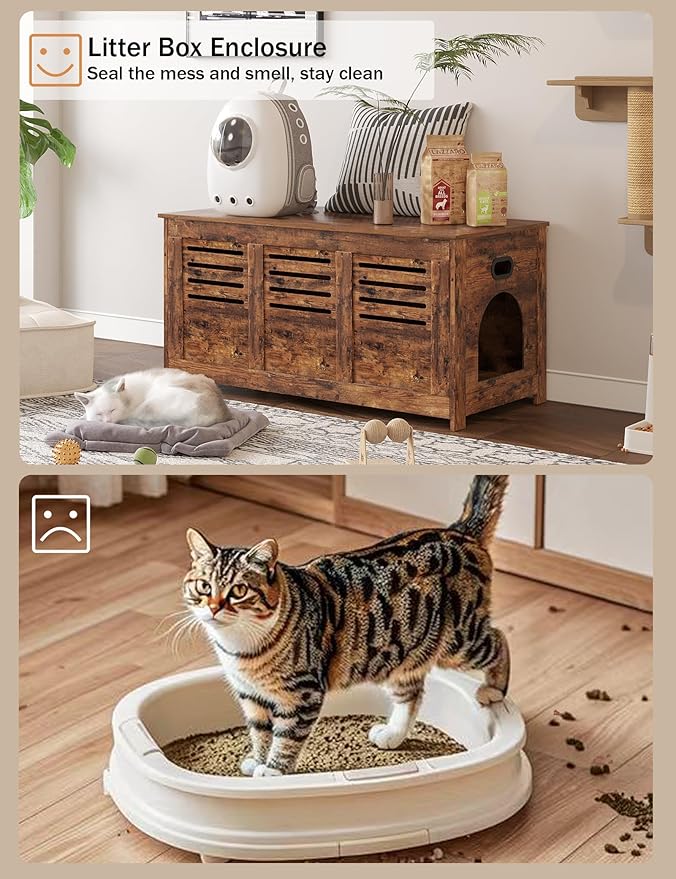 DINZI LVJ Litter Box Enclosure, Flip Top Litter Box Furniture, Hidden Cat Washroom, Wooden Cat House, End Table, 39.4" L x 19.7" W x 19.7" H, Good Ventilation, Easy to Assemble, Rustic Brown