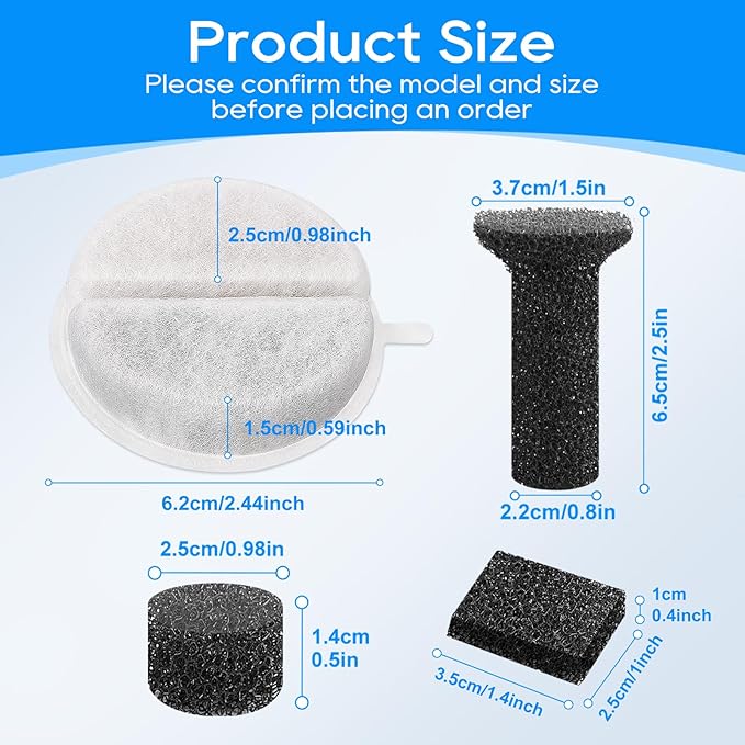 8 Set Cat Water Filter, Replacement Filters for 2.5L Lite & Premium Pet Fountain, Triple Filtration System Pet Filter Replacement (Including 12 Foam/Sponge Mufflers)