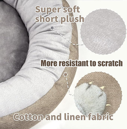 Cozy Round Cat Bed – Soft, Comfortable Cushion for Cats & Kittens – Non-Slip, Machine Washable, Plush Sleep Bed for Cats, Ideal for Resting & Napping (Linen & Medium)