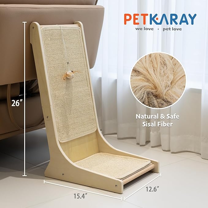 PETKARAY Sisal Cat Scratcher, Upright Cat Scratch Pad Wall Mounted, Vertical Scratching Post Alternative, L Shape Scratching Board 105°