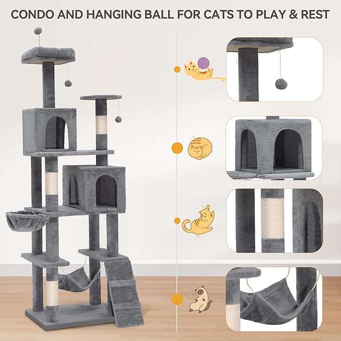 YITAHOME 75in Cat Tree Tower for Indoor Cats, Multi-Level Cat Furniture with Scratching Posts, Cat Caves, Padded Perch, Cozy Hammock, Ladder, and Plush Balls for Kittens, Pet Play House Light Gray