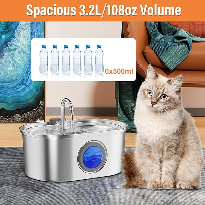 Automatic Cat Water Fountain Stainless Steel, 0.8gal/108oz Pet Water Fountain, 3 Replacement Carbon Filters, Quiet Pump, Suitable for Cats, Dogs and Multi-pet households (Elliptical)