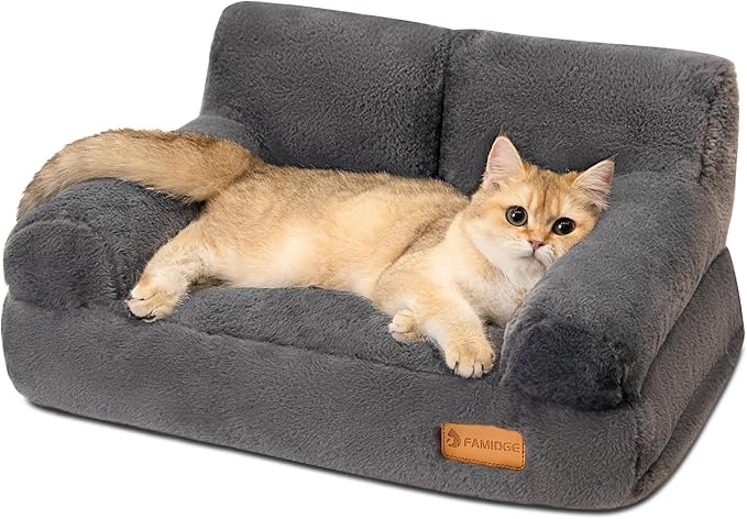 Cat Couch Bed - Cat Bed for Indoor Cats, Calming Pet Sofa Puppy Sleeping Bed with Removable Washable Cover, Cute Dog Couch and Kitty Lounge Chair for 12lbs Cats & Small Dogs(Dark Grey)