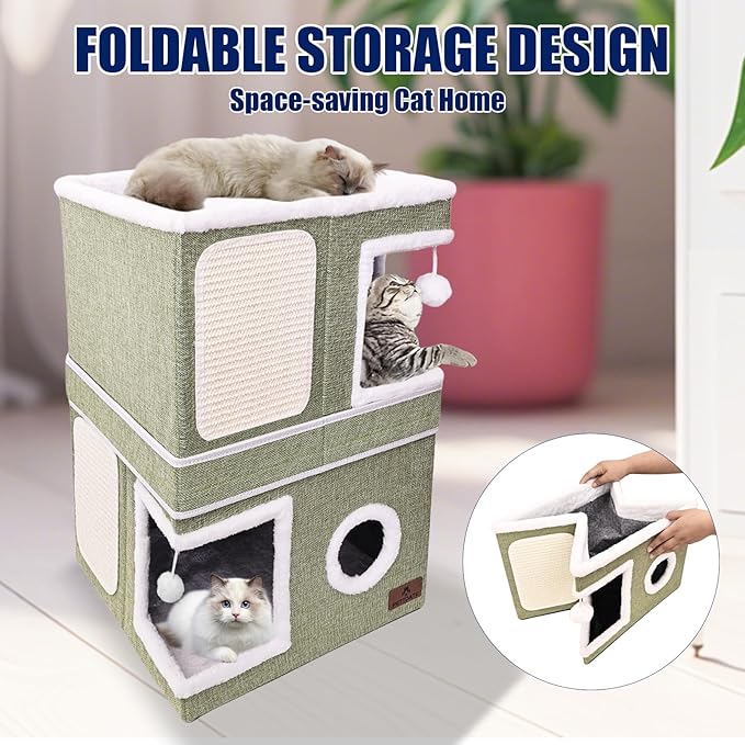 2-Story Cat House for Indoor Cats, Dual-Purpose Cave Bed with Scratch Pad and Fluffy Ball, Foldable Cat Hideaway, Cute Condo Furniture for Multi Small Pet Kitten, Green