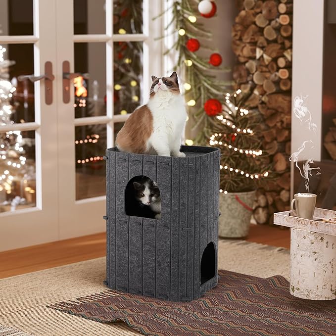 FUKUMARU Cat House for Indoor Cats, 2-Storey Large Cat Bed Cave, Cozy Felt Covered Cats Tunnel Condo Hideaway for Multicats, 17.72x14.37x23.62 inches, Dark Grey