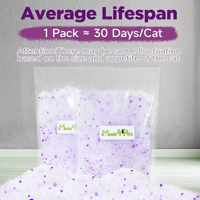Made4Pets Cat Litter Crystals Kitty Litter Odor Control Crystal Litter Non Clumping No scooping Low Dust, Low Tracking, Lightweight, Dehydrates Waste,Lavender– 6.6 lbs (2 x 3.3 lb Packs)