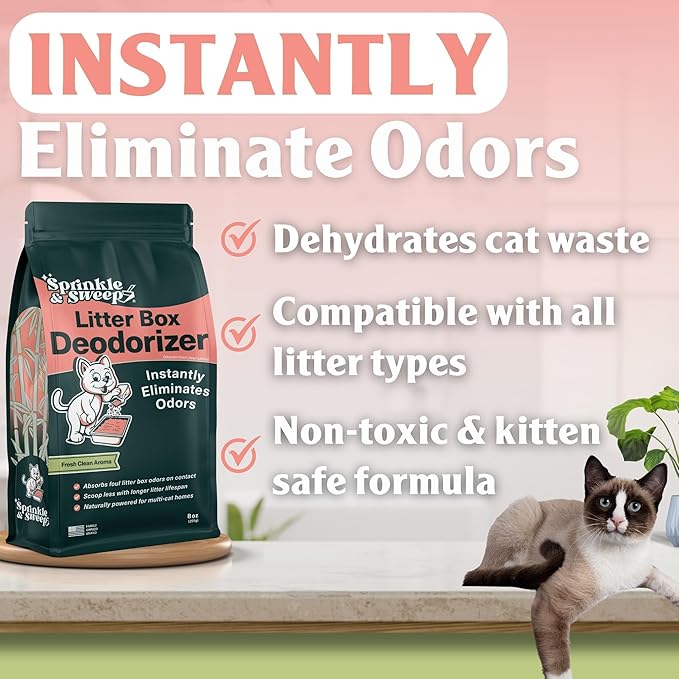 Litter Box Odor Eliminator | Cat Litter Deodorizer | Smell Control for Cats | Non-Toxic & Safe for Kittens | Home Odor Neutralizer | Kitty Litter Freshener | Sprinkle & Sweep | Made in USA