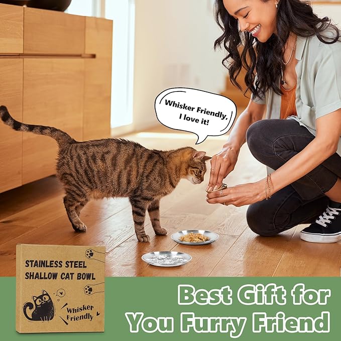 8-Pack Stainless Steel Cat Food Bowls – Shallow Whisker-Friendly Non-Slip Silicone Base,Easy to Clean Indoor Feeding Dishes(6.7")