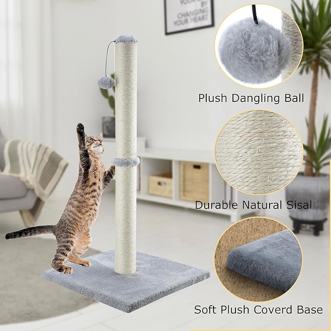Dimaka 34" Tall Cat Scratching Post for Large Cats and Kittens, High Vertical Scratcher with Premium Natural Sisal Rope and Interactive Hanging Ball for Indoor Cat(Grey, 34 inches for Large Cats)