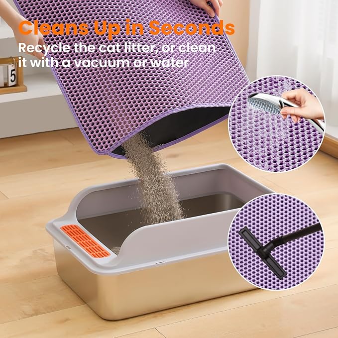 Extra Large Cat Litter Mat, 30x22 Inches Honeycomb Double Layer Cat Litter Trapping Mat, Non Slip Waterproof Urine Proof Large Kitty Litter Box Mat for Floor, Kitten Supplies, XL, Purple