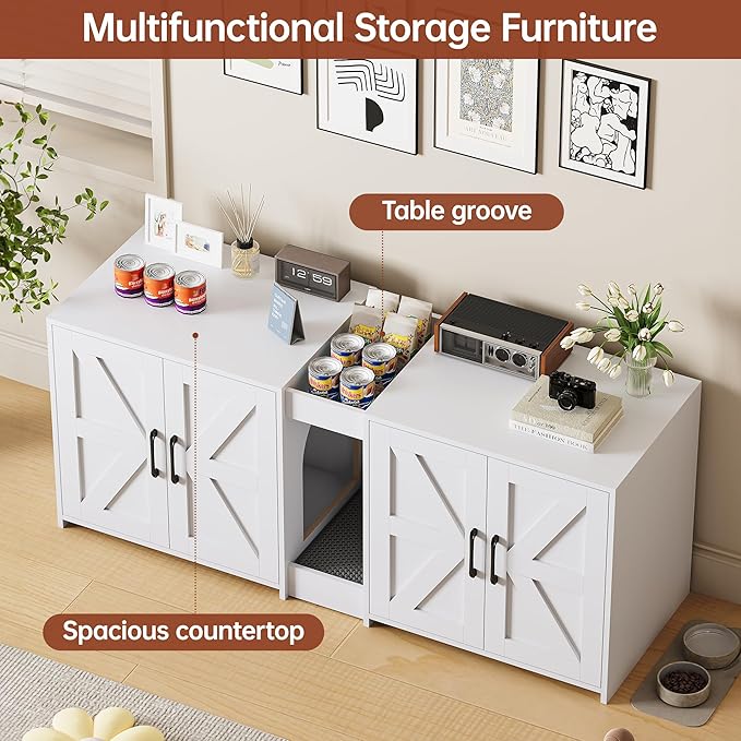 Litter Box Enclosure for 2 Cats, Hidden Litter Box Furniture with Double Rooms, Cat Bed, PVC Pad and Scratch Pad, White