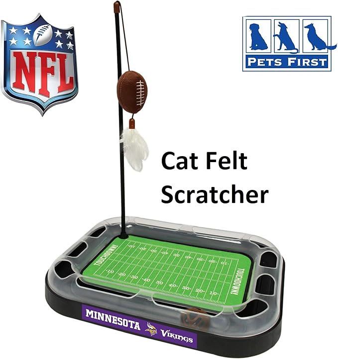 Pets First Cat Ball Bell Minnesota Vikings Football Field CAT Scratcher Toy with Catnip Filled Plush Football Toy & Feather Cat Toy Hanging, Jingle Bell Interactive Ball Cat Chasing 5-in-1 Kitty Toy