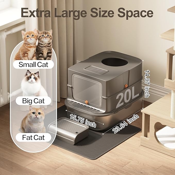 Jalove Stainless Steel Cat Litter Box with Lid, XL Extra Large Metal Litter Box for Big Cat, Covered Enclosed Kitty Litter Boxes, High Sided Enclosure with Scoop & Mat, Easy Cleaning, Dark Gray