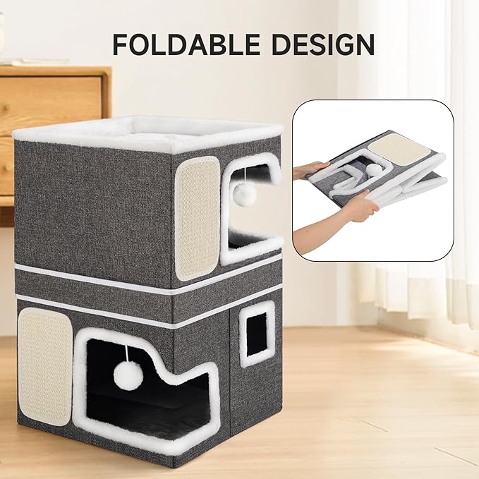 Double Cat Beds for Indoor Cats, 2-Storey Cat House with Large Cozy Hideaways, Dual Purpose Cat Cave Cube with Scratch Pads, Hanging Balls, Foldable Indoor Cat Houses for Multi Cats Kittens Small Pets