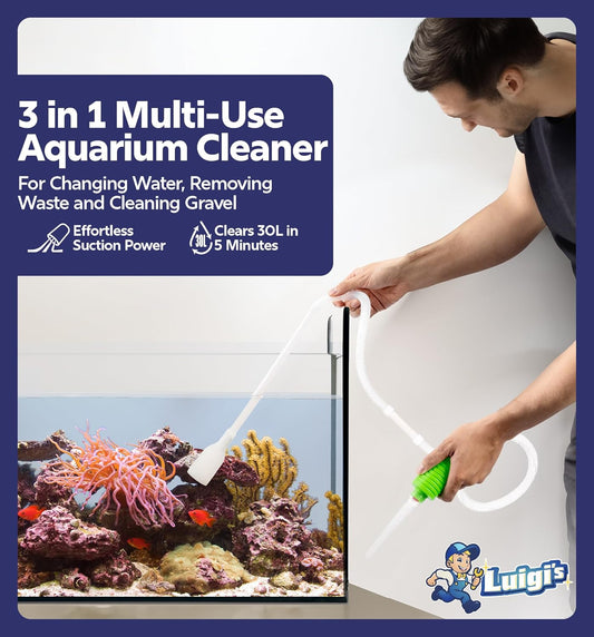 Luigi's Fish Tank Cleaner - Turtle Tank Accessories - Gravel Vacuum for Aquarium - Hand Siphon Hose to Remove and Change Water or Sand in Minutes - Aquarium Cleaning Tools