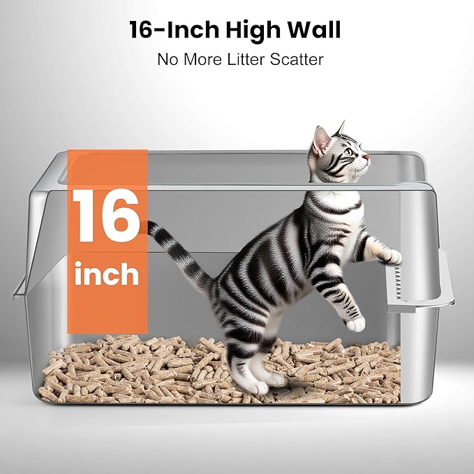 Stainless Steel Litter Box with Metal Lid and Scoop - Enclosed Metal Litter Box for Large Cats, Rust-Resistant, Odor-Control, Easy to Clean, Durable & Long-Lasting with Round Edge (XXL)