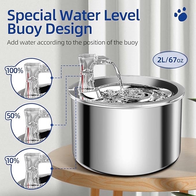 Cat Water Fountain, Stainless Steel Inside Ultra-Quiet Pump, 2L/67oz Automatic Dog Dispenser Water Bowl, Multiple Pets Water Fountain