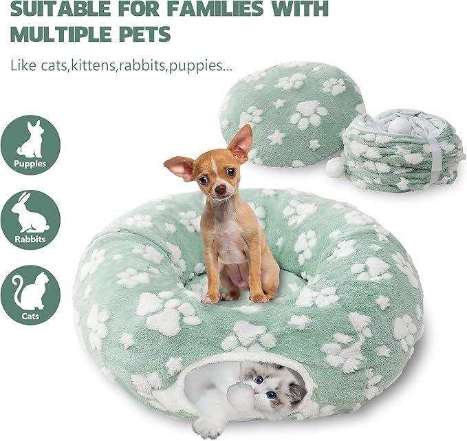 Cat Tunnel for Indoor Cats, Cute Peekaboo Cave with Dangling Balls, Pet Donut Tunnel Bed with Circle Mat for Puppy Kitten Rabbit, Green