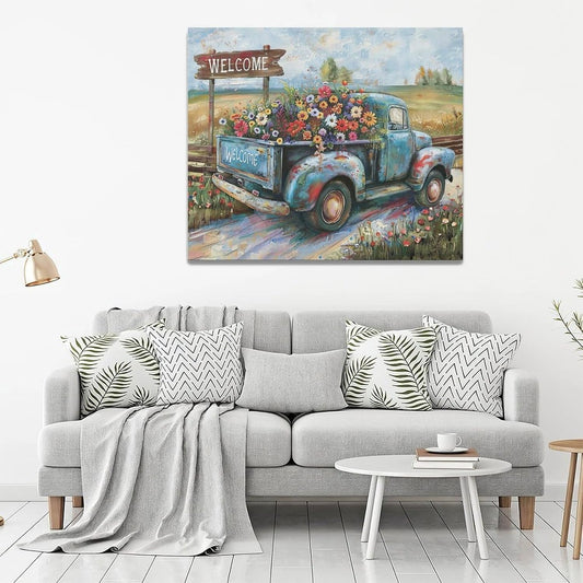 Farmhouse Truck Wall Art Rustic Country Wildflowers Wall Decor Road Flowers Landscape Pictures Canvas Print Painting Artwork for Bathroom Living Room Bedroom 20"x24"