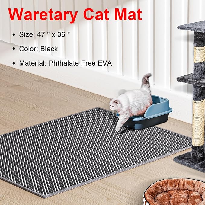 Cat Litter Box Mat: 47"x 36" Waterproof Kitty Cat Litter Trapping Mat, Easy-clean Double-layer Scatter Control Pad Rug(Grey)